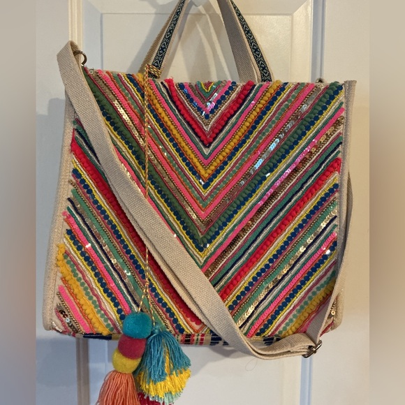 America & Beyond Chevron Boho Multicolor Pom-Pom Embroidered Crossbody Tote Bag - Picture 3 of 8